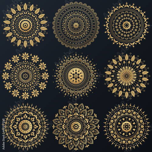 Set of Ethnic golden flower ornamental wreath. Vector boho lifestyle illustration.