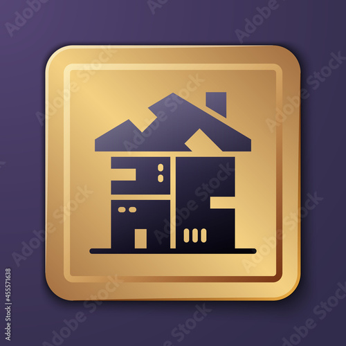 Purple Homeless cardboard house icon isolated on purple background. Gold square button. Vector
