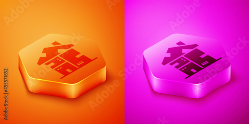 Isometric Homeless cardboard house icon isolated on orange and pink background. Hexagon button. Vector