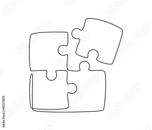 Continuous one line drawing of a joined pieces of Puzzle game. Group Teamwork, cooperation and business strategy concept in doodle style. Editable stroke. Linear Vector illustration