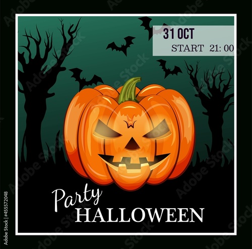 Invitation for banner design. Funny cartoon character. Vector fall design. Halloween vector illustration. Web. Cruel pumpkin. Bats. Dried up tree. Party. 31 october. Start. Sinister card. Cemetry. 