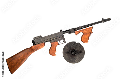 Life-size model of a Thompson submachine gun with a magazine for cartridges. photo
