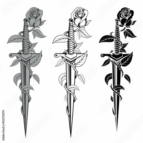 Rose with dagger in black and white