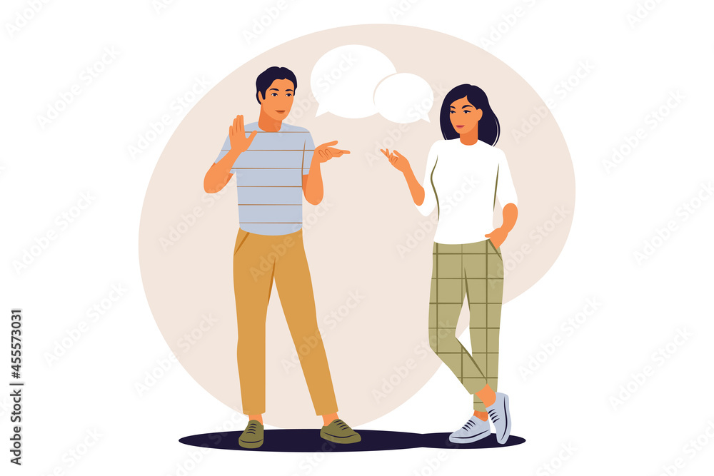 Obraz premium Dialogue concept. Man and woman talking with speech bubbles. Vector illustration. Flat.