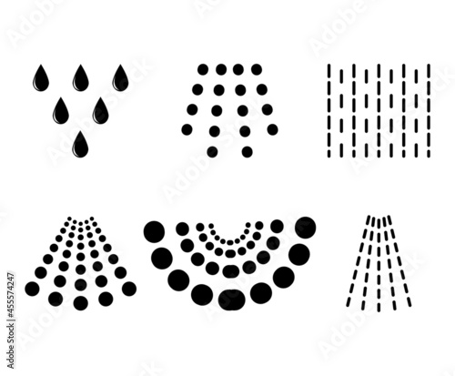 Water spray drops. Aqua  liquid spraying from sprayer or shower. Black shape symbol. Vector illustration isolated on white background.