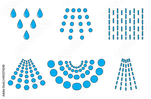 Water spray drops. Aqua blue liquid spraying from sprayer or shower. Vector illustration isolated on white background.