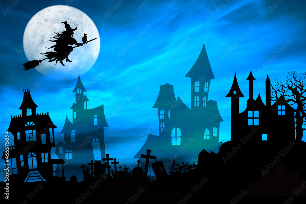 Halloween - wieźma na miotle na tle księżyca w pełni nad cmentarzem i nawiedzonymi domami.