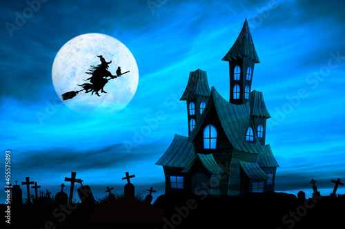 Halloween - wieźma na miotle na tle księżyca w pełni nad cmentarzem i nawiedzonym domem.