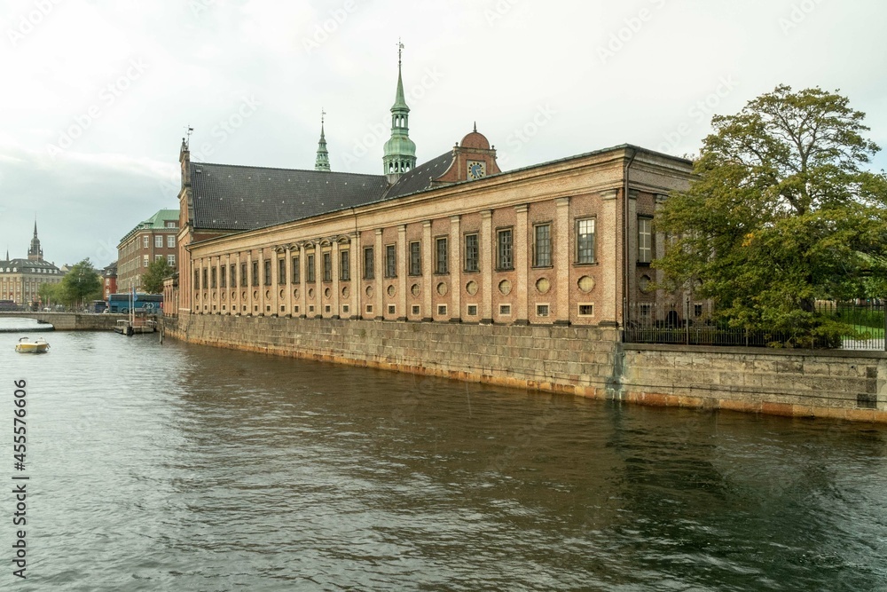 Copenhagen, Denmark. September 27, 2019: Landscape on the canals and the church of Holmen.