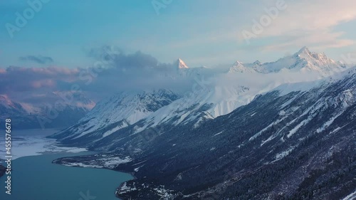 Aerial photo of snow mountain in Ranwu Lake, Xizang photo