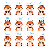 Cartoon cute tigers portraits collection with facial expressions. Happy striped emotional wildcats isolated on white background. Flat adorable animal head with emotion. Kids design vector illustration