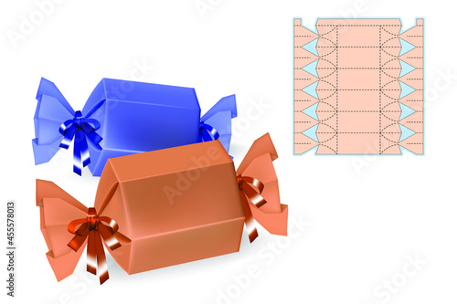 Blueprint template with mock up. Retail simple packaging box with 3D preview.  Multiple purpose Cardboard Die Cut. Graphic design drawing in vector image isolated on transparent background