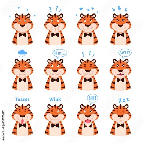 Cartoon cute tigers portraits collection with facial expressions. Happy striped emotional wildcats isolated on white background. Flat adorable animal head with emotion. Kids design vector illustration