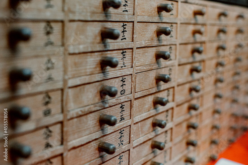 Brown wooden drawers with kanji text photo
