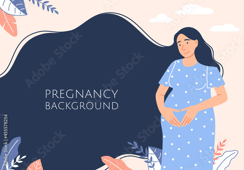 Pregnancy background. Flat happy smiling pregnant woman waiting for baby birth holding belly. Cute Caucasian expectant girl with heart hand gesture. Banner design with text space vector illustration.