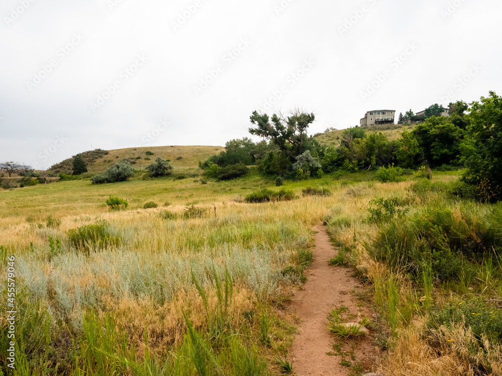 A dirt path on a hiking trail in meadows of sage green grass in Golden, Colorado. A dirt path on a hiking trail in meadows of sage green grass in Golden, Colorado.