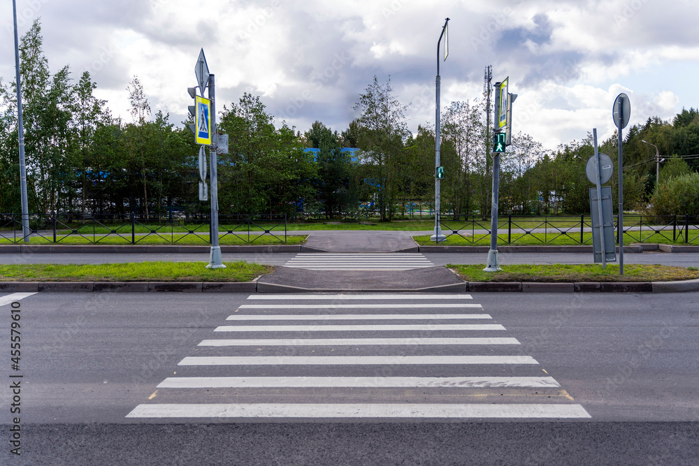 Pedestrian crossing at a city intersection, Zebra traffic walk way in the city
