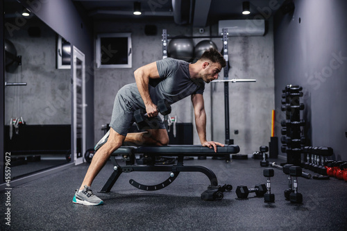 Tableau sur Toile Man doing exercise with dumbbell leaning on sports bench in the gym