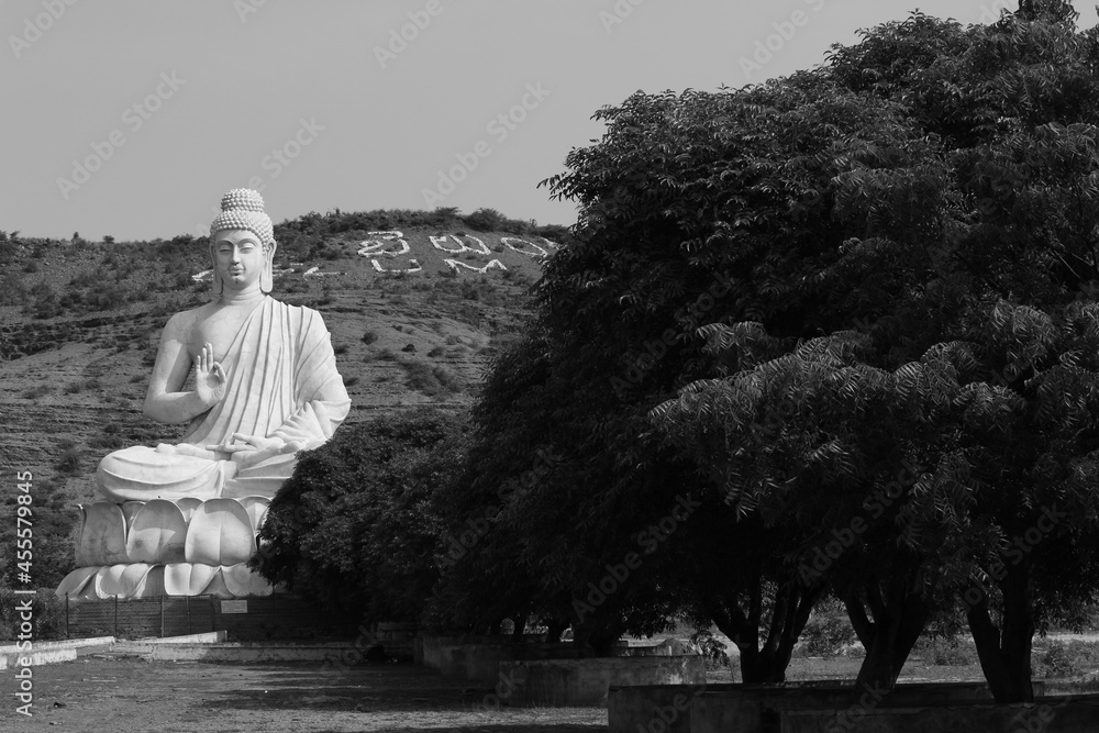 Grayscale photo of a giant Buddha Statue in mountain Stock Photo