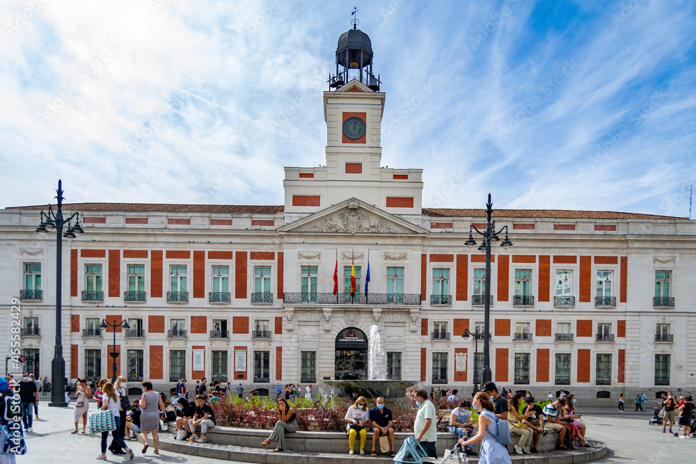 MADRID, SPAIN - SEPTEMBER 7, 2021. Puerta del Sol in Madrid. Central square of the Community of Madrid where there are assemblies and the bells are held at the end of the year, in Spain. Europe.