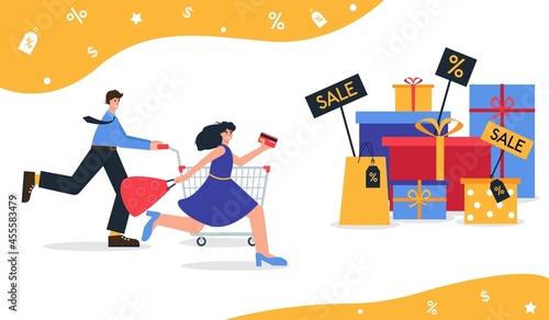 happy people run for shopping, sale and discount.