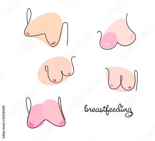 Vector set with different female breasts. A set of breastfeeding. Drawn in the doodle style. Milk formulas, baby food.