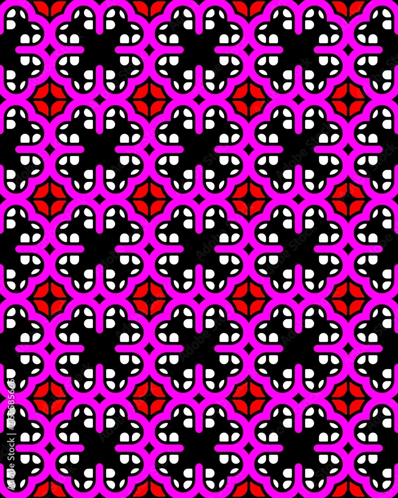 Illustration of a seamless tile pattern with ornaments in purple, black, white and red