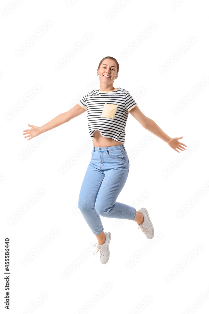 Jumping young woman on white background Jumping young woman on white background