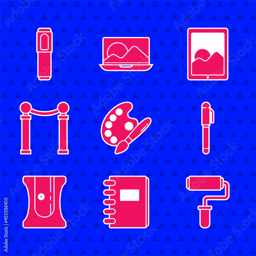 Set Paint brush with palette, Spiral notebook, roller, Pen, Pencil sharpener, Exhibition of paintings, Graphic tablet and Marker icon. Vector