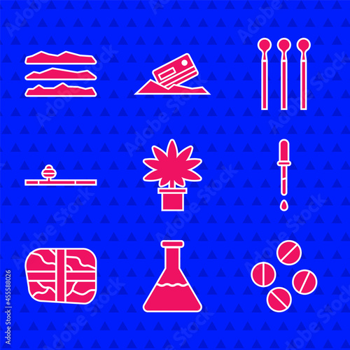 Set Marijuana or cannabis plant in pot, Test tube and flask, Medicine pill tablet, Pipette, Package with cocaine, Opium pipe, Matches and Cocaine heroin drug icon. Vector