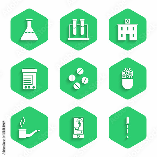 Set Medicine pill or tablet, Buying drugs online on phone, Pipette, Smoking pipe, bottle and pills, Medical hospital building and Test tube flask icon. Vector
