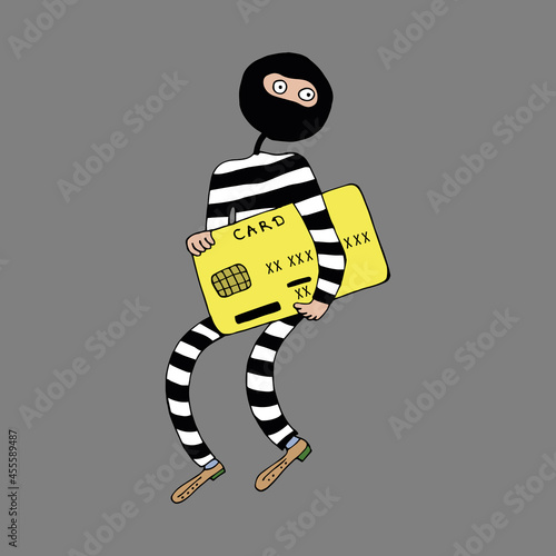 The thief is a swindler in striped clothes. A thief wants to steal money from a bank card. Bank card fraud. Vector. Doodles. Funny character in cartoon style. Isolated