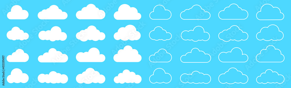 Cloud set. Abstract white cloudy set isolated on blue background. Vector illustration. Cloud set. Abstract white cloudy set isolated on blue background. Vector illustration.