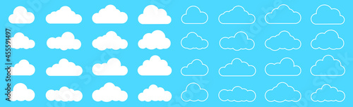Cloud set. Abstract white cloudy set isolated on blue background. Vector illustration.