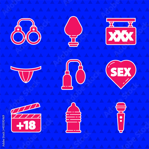 Set Penis pump, Condom safe sex, Dildo vibrator, Heart with text Sex, Movie clapper 18 plus content, Woman panties, shop and Sexy fluffy handcuffs icon. Vector
