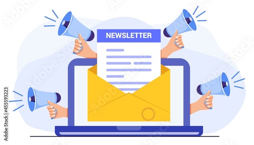 Subscribe now to our newsletter vector illustration with tiny people working with envelope and newsletter Buttons template Subscribe, submit Send by mail Follow me Business model newsletters content