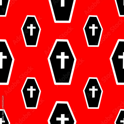 pattern with coffins and crosses on a red backdrop