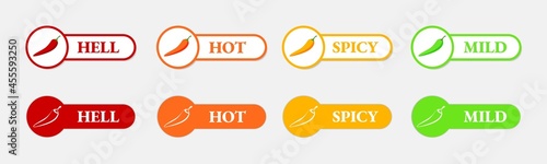 Spicy hot chili pepper icons set with flame and rating of spicy Mild, medium hot and extra hot level of pepper sauce or snack food Chili pepper or chile habanero and jalapeno level Hot pepper sign