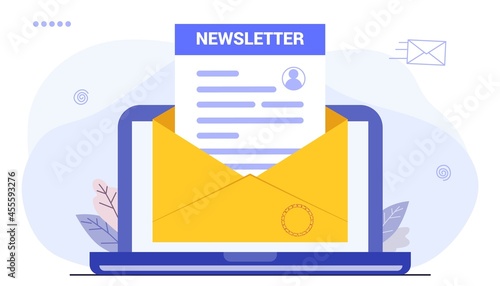 Subscribe now to our newsletter vector illustration with tiny people working with envelope and newsletter Buttons template Subscribe, submit Send by mail Follow me Business model newsletters content