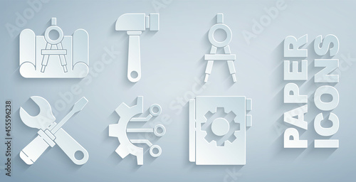 Set Algorithm, Drawing compass, Screwdriver and wrench spanner, User manual, Hammer and Graphing paper icon. Vector