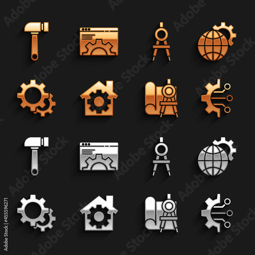 Set House with gear, Globe of the Earth and, Algorithm, Graphing paper compass, Gear, Drawing, Hammer and Browser setting icon. Vector