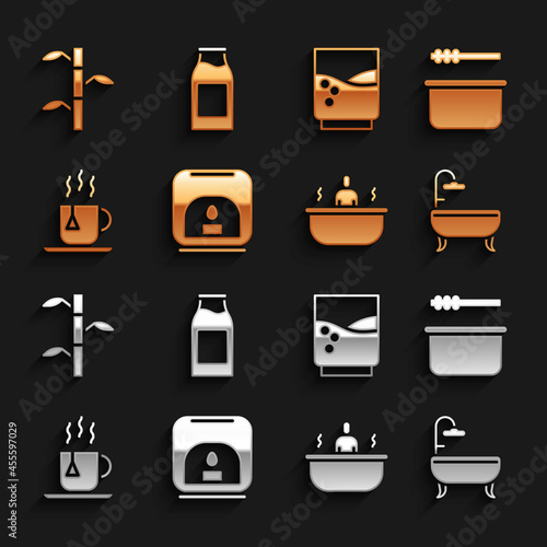 Set Aroma lamp, Sauna bucket and ladle, Bathtub, Cup of tea with tea bag, Glass water, Bamboo stems leaves and Bottle milk icon. Vector
