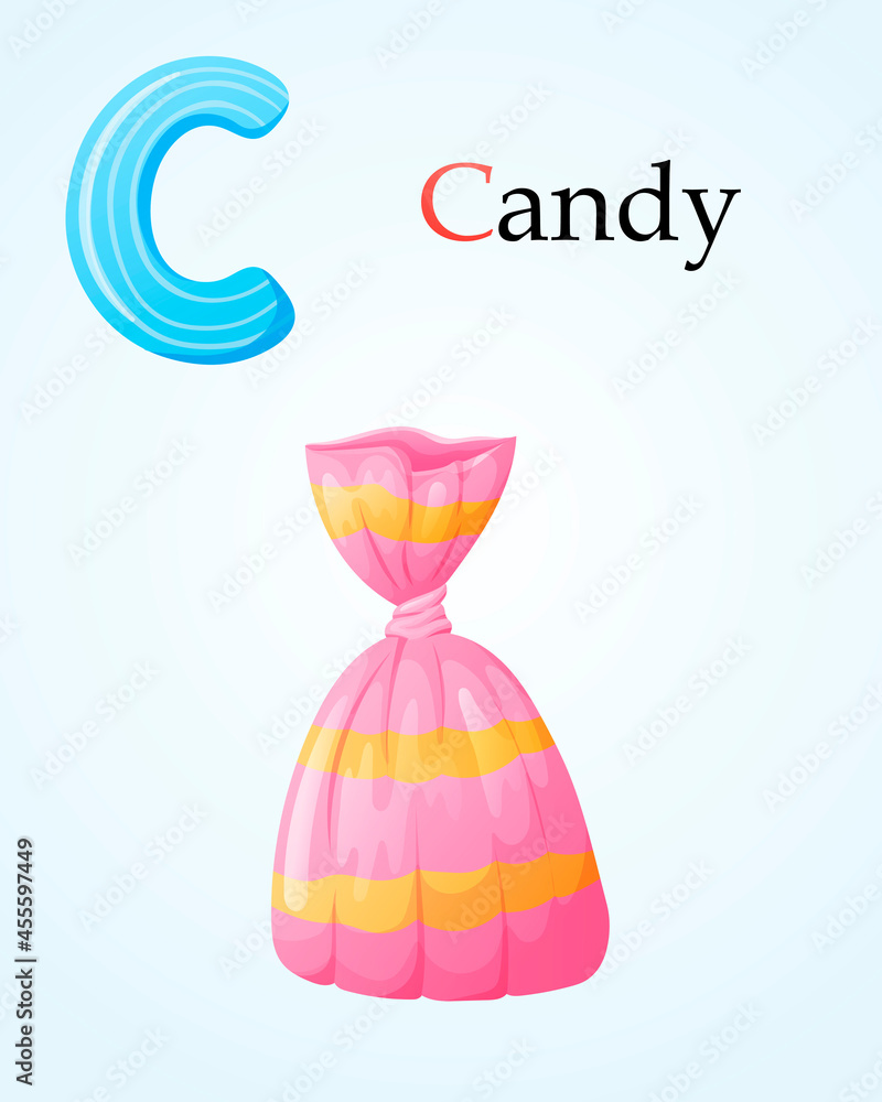 Kids banner template with english alphabet letter C and candy cartoon image of candy illustration in a bright wrapper.
