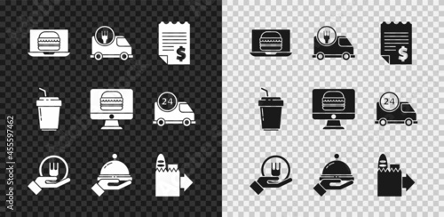 Set Online ordering burger delivery, Fast by car, Paper financial check, and, Covered with tray of food, Coffee cup to go and icon. Vector