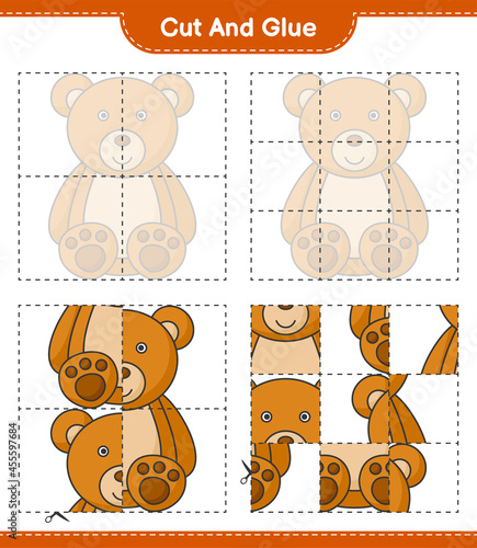 Cut and glue, cut parts of Teddy Bear and glue them. Educational children game, printable worksheet, vector illustration