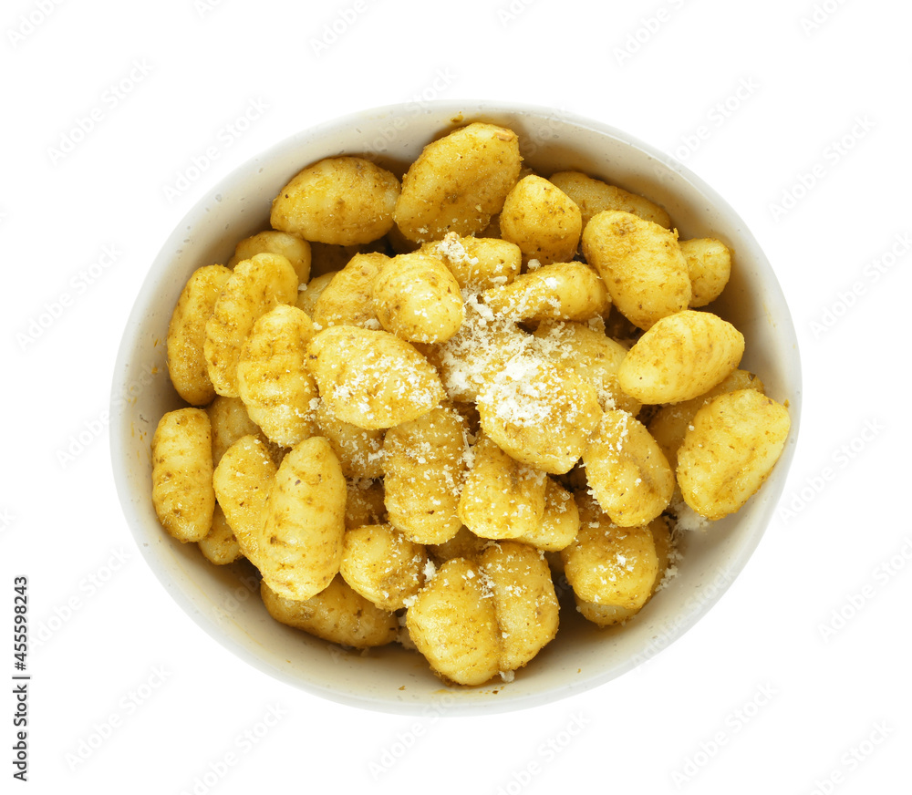 Bowl with tasty pesto gnocchi on white background Bowl with tasty pesto gnocchi on white background