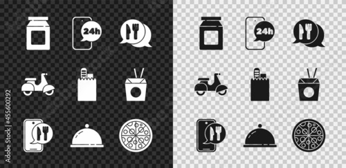 Set Online ordering and delivery, Food, Cafe restaurant location, Covered with tray of food, Pizza, Scooter and icon. Vector