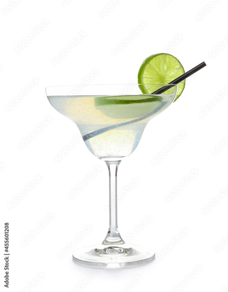 Glass of tasty margarita cocktail on white background Glass of tasty margarita cocktail on white background