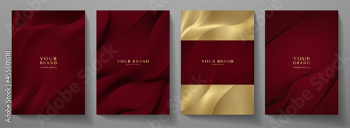 Contemporary technology cover design set. Luxury background with maroon line pattern (guilloche curves). Premium Vector tech backdrop for business layout, digital certificate, formal brochure template