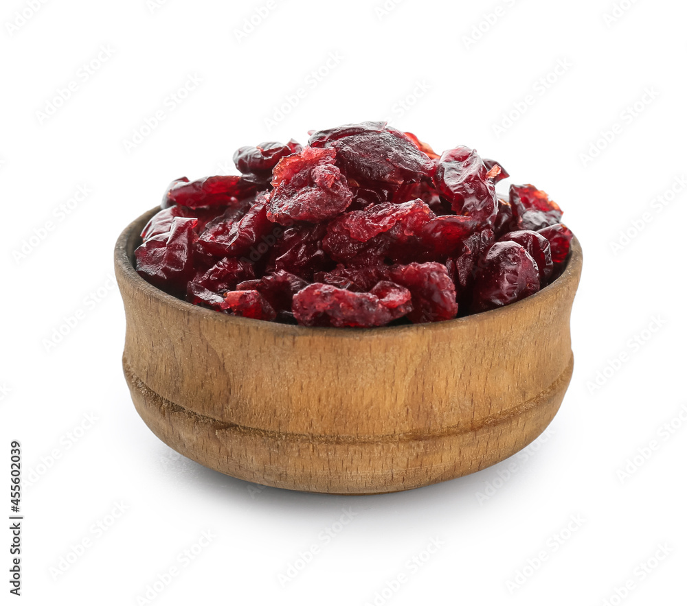 Bowl with tasty dried cranberries on white background Bowl with tasty dried cranberries on white background